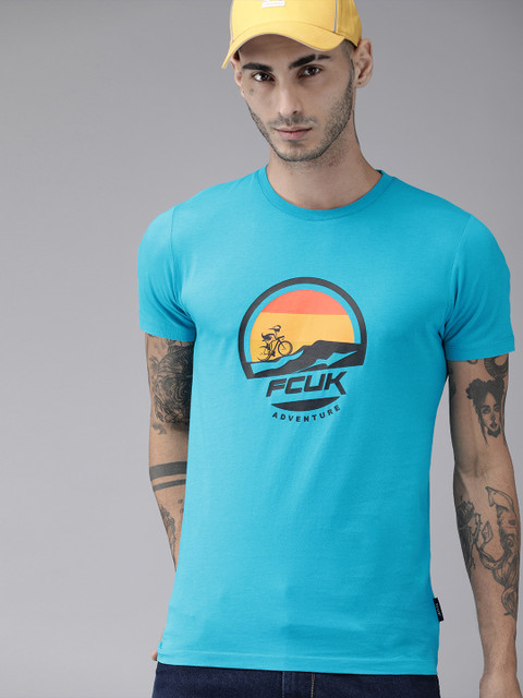 

French Connection Men Blue Printed Round Neck Pure Cotton T-shirt