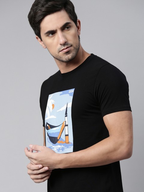

French Connection Men Black Printed Slim Fit Pure Cotton T-shirt
