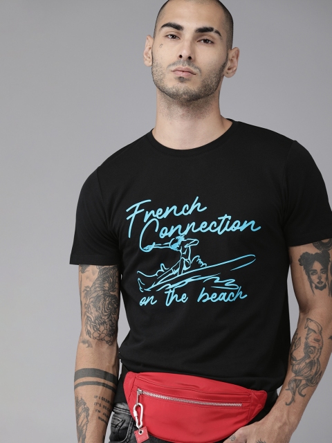 

French Connection Men Black Blue Printed Round Neck Pure Cotton T-shirt