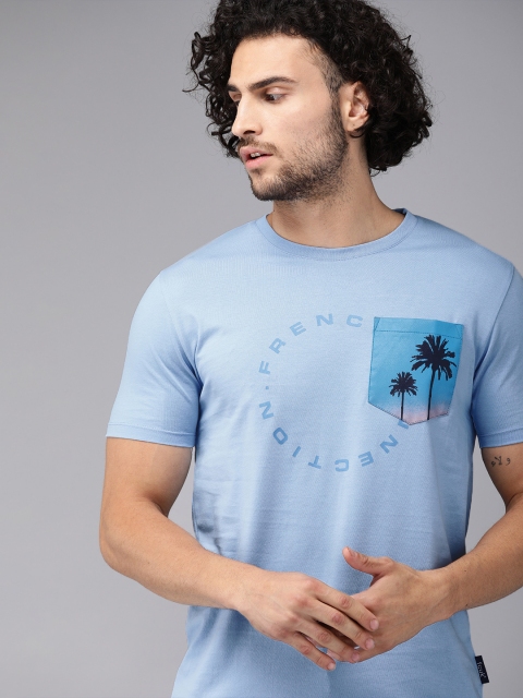 

French Connection Men Blue Printed Round Neck T-shirt with Pocket Detailing