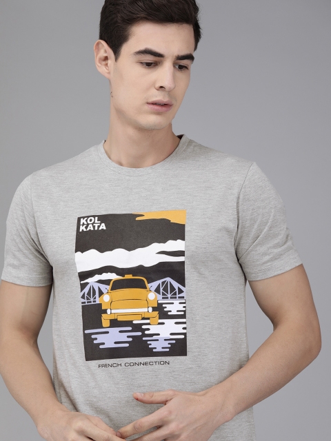 

French Connection Men Grey Melange Printed Round Neck T-shirt