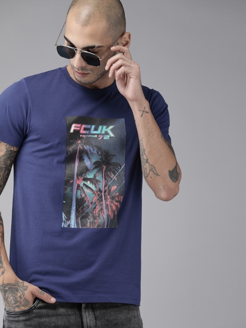 

French Connection Men Blue Printed Round Neck Pure Cotton T-shirt