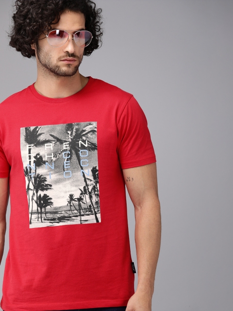 

French Connection Men Red Printed Round Neck Pure Cotton T-shirt
