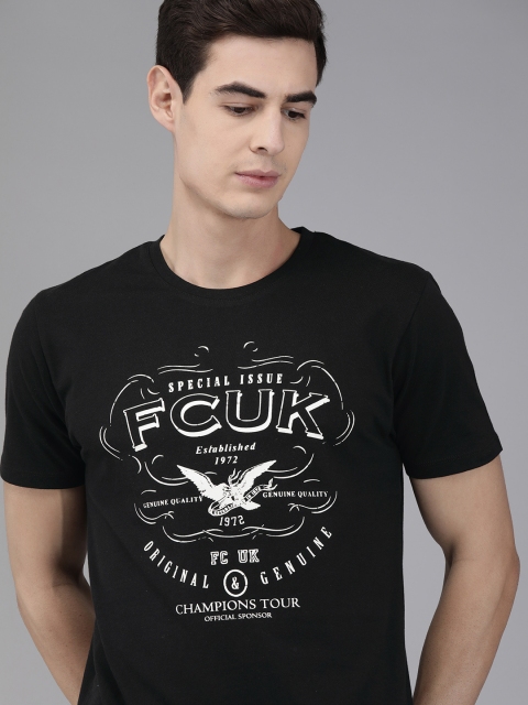 

French Connection Men Black Printed Round Neck Pure Cotton T-shirt