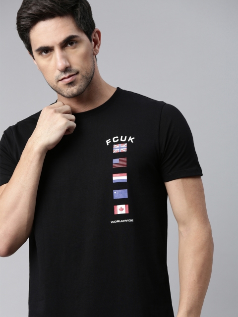 

French Connection Men Black WORLDWIDE FLAG Printed Pure Cotton T-shirt
