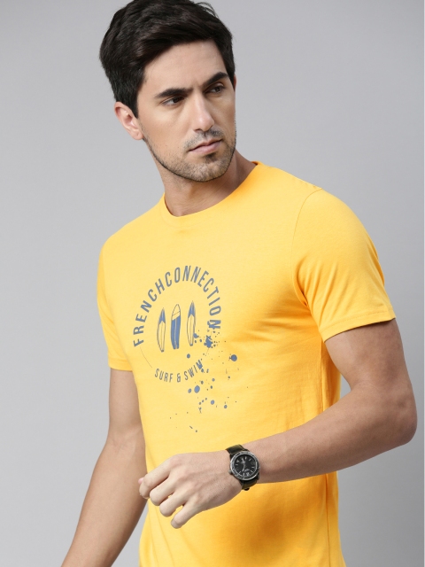 

French Connection Men Yellow Typography Printed Pure Cotton T-shirt
