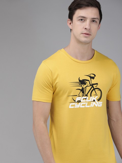 

French Connection Men Mustard Yellow Printed Round Neck Pure Cotton T-shirt