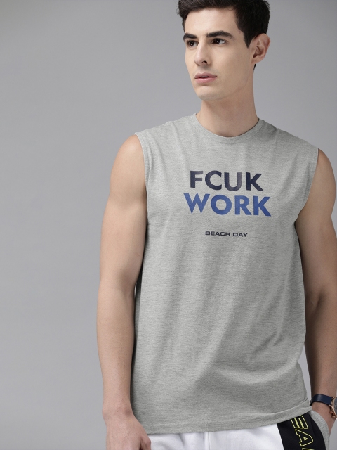 

French Connection Men Grey Melange Printed Round Neck T-shirt