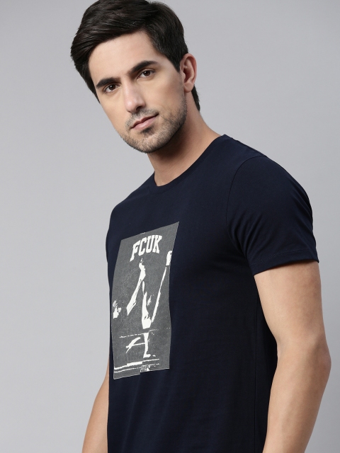 

French Connection Men Navy Blue Printed Slim Fit Pure Cotton T-shirt