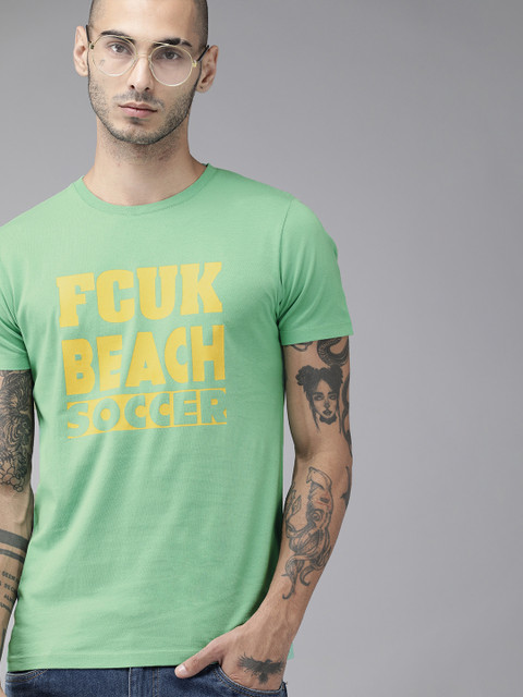 

French Connection Men Green & Yellow Printed Pure Cotton Round Neck T-shirt