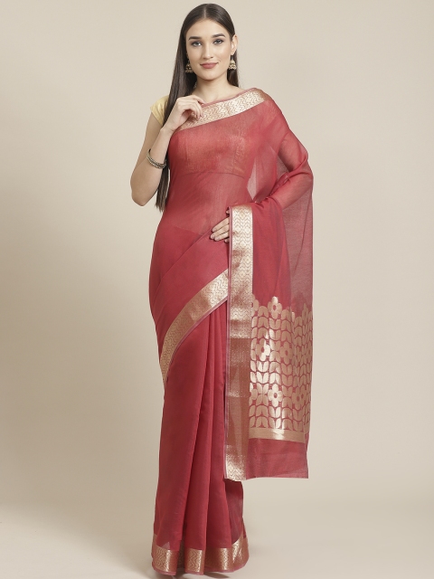 

Mitera Red & Golden Solid Maheshwari Liva Saree