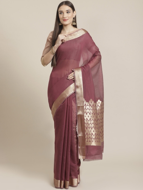 

Mitera Burgundy & Golden Solid Maheshwari Liva Saree