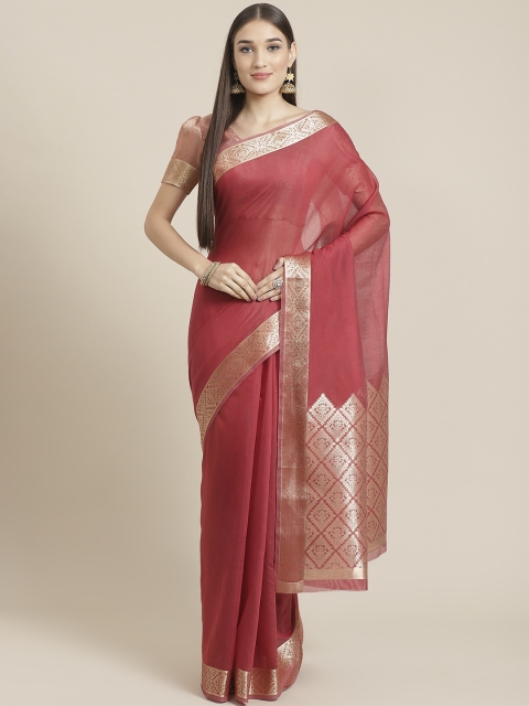 

Mitera Red & Golden Solid Maheshwari Liva Saree