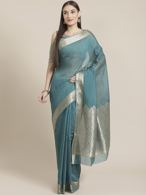 

Mitera Blue & Golden Solid Maheshwari Liva Saree, Teal