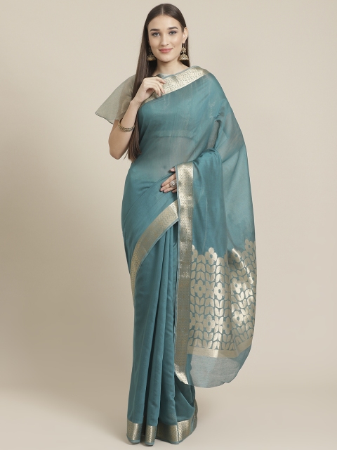 

Mitera Blue & Golden Solid Maheshwari Liva Saree