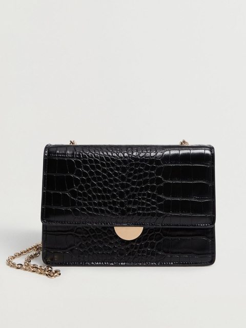 

MANGO Women Black Croc Textured Sling Bag