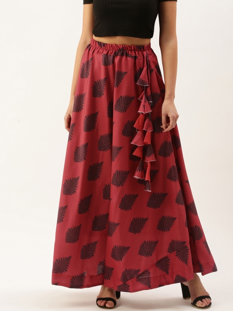 

LOOKNBOOK ART Woman's Maroon and Black Floral Printed Skirt With Tassels