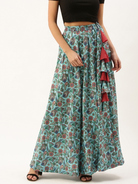 

LOOKNBOOK ART Woman's Teal Blue and Green Floral Printed Skirt With Tassels