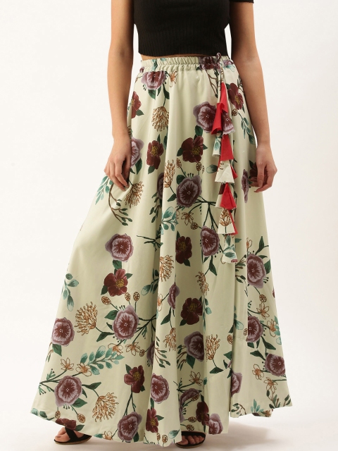 

LOOKNBOOK ART Women Off-White & Brown Printed Flared Maxi Skirt With Hand Made Tassels