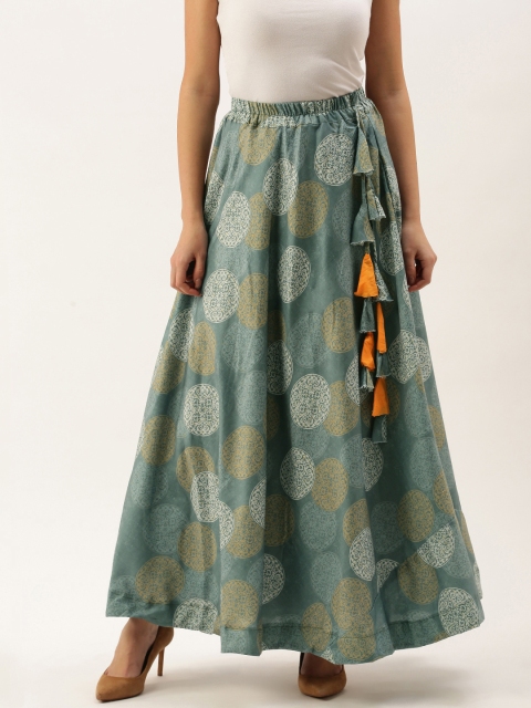 

LOOKNBOOK ART Woman's Olive and Beige Floral Printed Skirt With Tassels