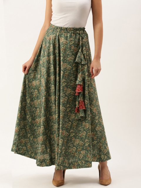 

LOOKNBOOK ART Women Green & Off-White Printed Flared Maxi Skirt With Hand Made Tassels