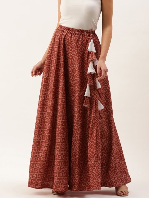 

LOOKNBOOK ART Women Red & White Printed Flared Maxi Skirt With Hand Made Tassels