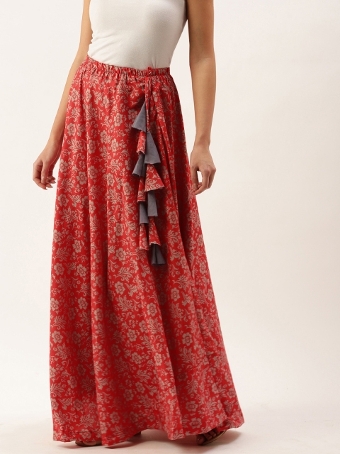 

LOOKNBOOK ART Women Red & Grey Printed Flared Maxi Skirt With Hand Made Tassels