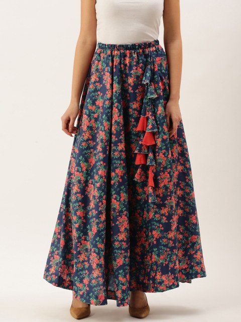 

LOOKNBOOK ART Women Blue & Red Printed Flared Maxi Skirt With Hand Made Tassels
