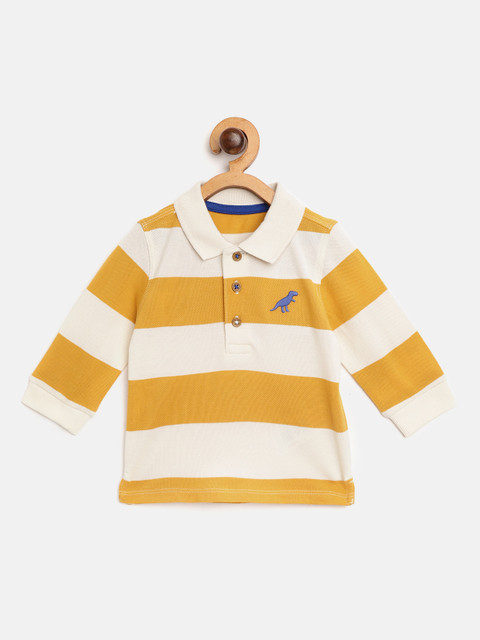 

Marks & Spencer Kids Mustard Yellow & Off-White Striped Pure Cotton Polo Collar T-shirt