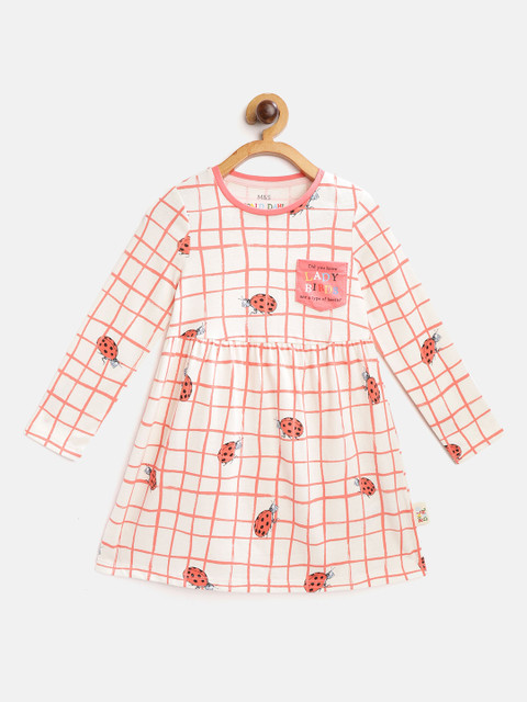 

Marks & Spencer Girls White & Coral Pink Checked Sustainable Pure Cotton A-Line Dress