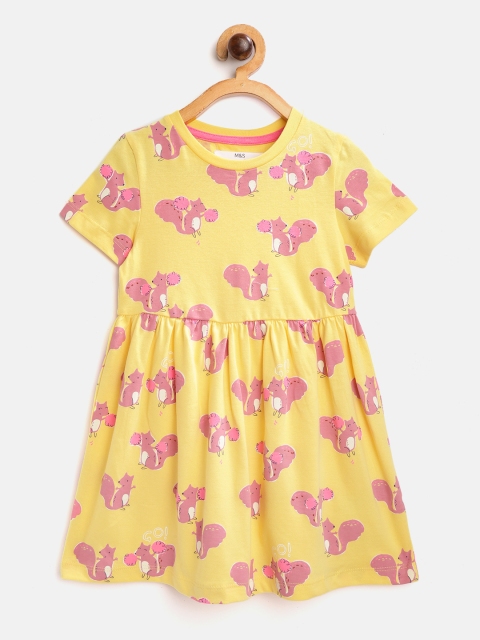 

Marks & Spencer Girls Yellow & Pink Squirrel Print Pure Cotton Sustainable A-Line Dress