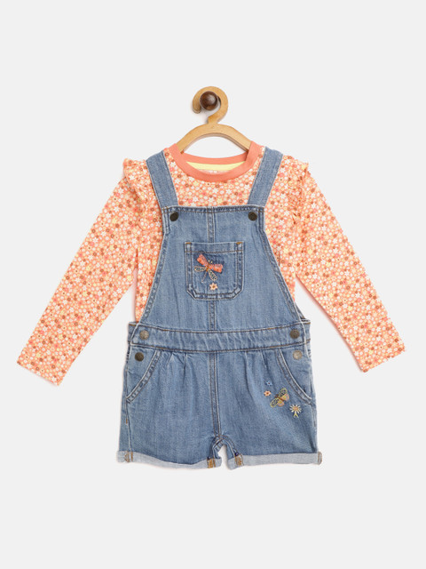 

Marks & Spencer Girls Coral Orange & Blue Print T-shirt with Denim Dungarees