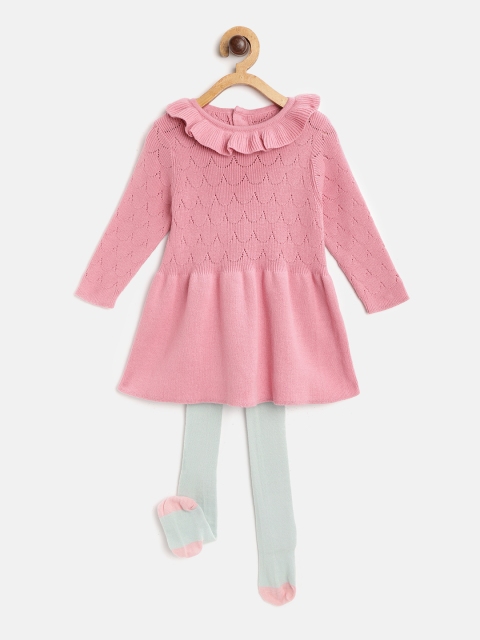 

Marks & Spencer Girls Pink Solid Open Knit Pure Cotton Sweater Dress with Tights