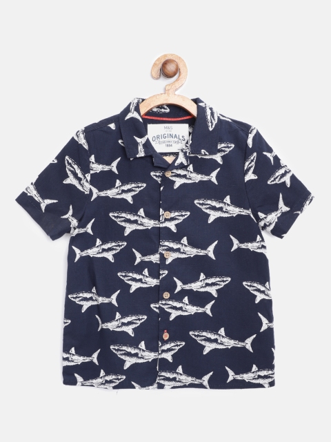 

Marks & Spencer Boys Navy Blue & Off-White Shark Print Cotton Sustainable Shirt