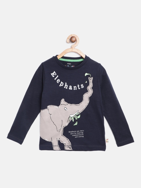

Marks & Spencer Boys Navy Blue & Grey Elephant Applique Pure Cotton Round Neck T-shirt