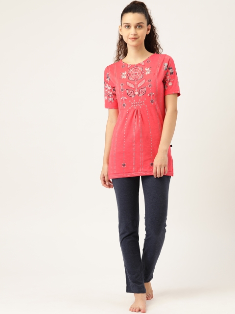 

Monte Carlo Women Coral Pink & Navy Blue Printed Nightsuit