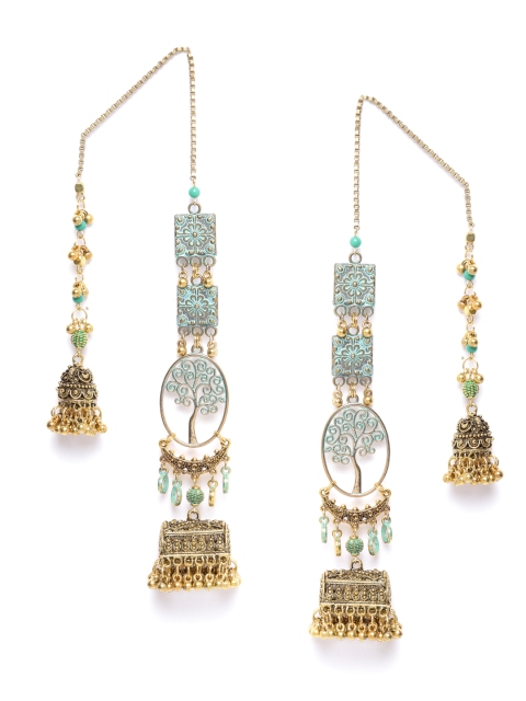 

DIVA WALK Antique Gold-Toned & Blue Enamelled Handcrafted Earrings with Attached Ear Chain