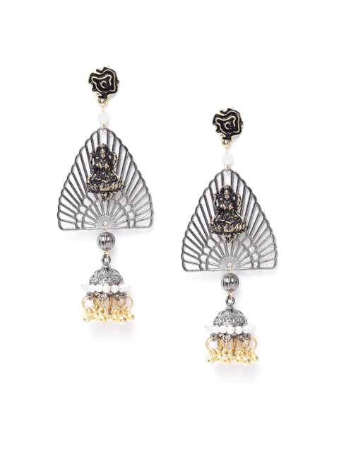

DIVA WALK Oxidised Silver-Toned & Gold-Toned Goddess Lakshmi Texture Handcrafted Jhumkas