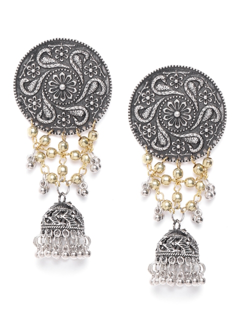

DIVA WALK Oxidised Silver-Toned Handcrafted Dome Shaped Jhumkas