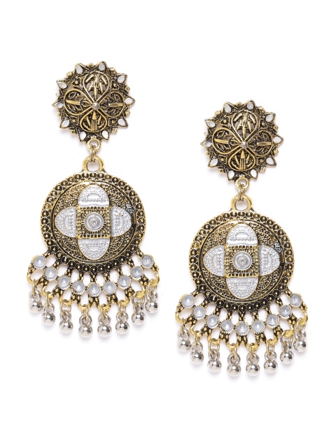 

DIVA WALK Antique Gold-Toned & Grey Handcrafted Enamelled Circular Drop Earrings