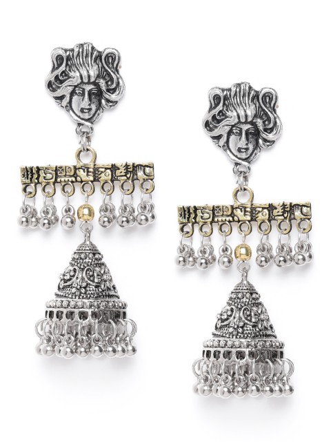 

DIVA WALK Oxidised Silver-Toned & Antique Gold-Toned Handcrafted Dome Shaped Jhumkas