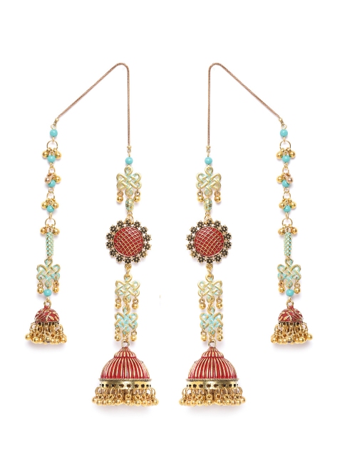 

DIVA WALK Gold-Toned & Red Beaded Handcrafted Enamelled Jhumkas with Attached Ear Chains