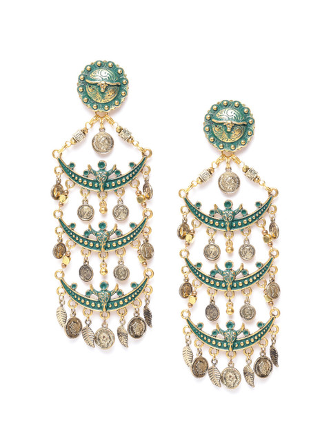 

DIVA WALK Gold-Toned & Green Enamelled Crescent Shaped Handcrafted Chandelier Earrings
