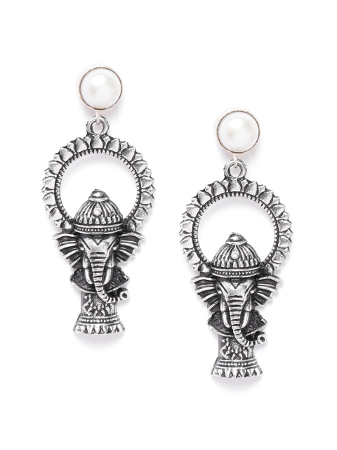

DIVA WALK Oxidised Silver-Toned Beaded Lord Ganesh Textured Handcrafted Drop Earrings