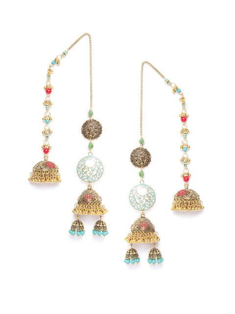 

DIVA WALK Gold-Toned & Blue Beaded Handcrafted Enamelled Jhumkas with Attached Ear Chains