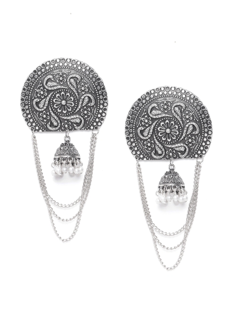 

DIVA WALK Oxidised Silver-Toned Beaded Handcrafted Dome Shaped Jhumkas with Danglers