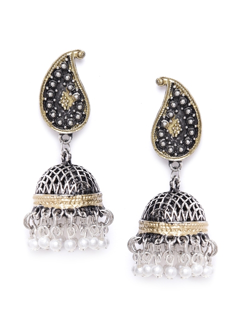 

DIVA WALK Oxidised Silver-Toned & Gold-Toned Beaded Handcrafted Dome Shaped Jhumkas