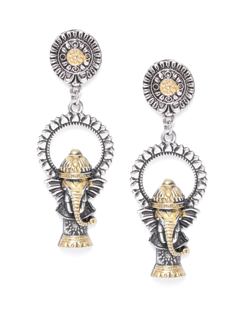 

DIVA WALK Oxidized Silver-Toned & Antique Gold-Toned Ganesh Texture Handcrafted Earrings