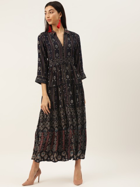 

Ritu Kumar Women Navy Blue & Beige Printed Shirt Maxi Dress