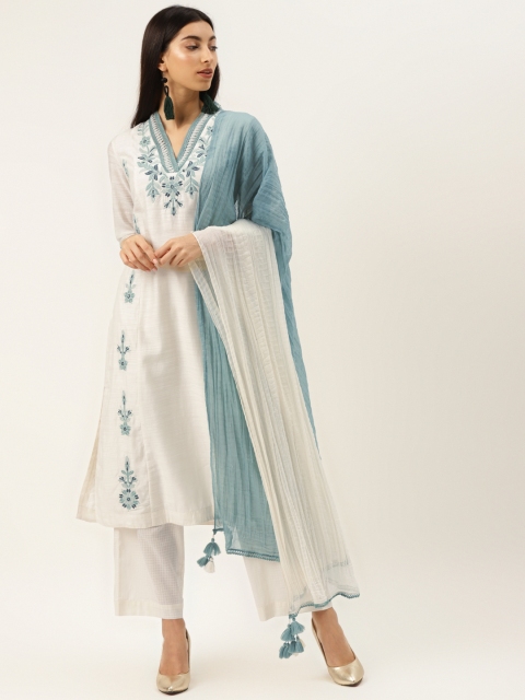 

Ritu Kumar Women Off-White & Blue Embroidered Kurta with Palazzos & Dupatta